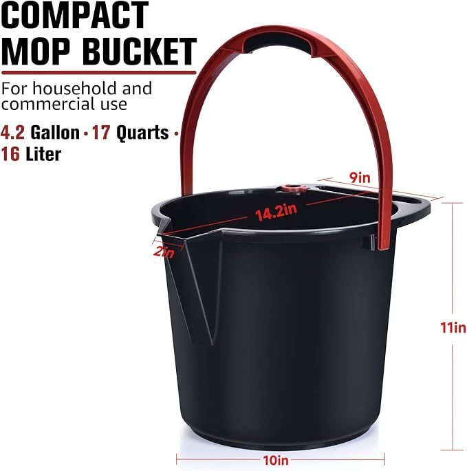 Matthew Cleaning 4.2 Gallon Mop Bucket, Heavy Duty Plastic Cleaning Bucket with Built-in Pour Spout, Mop Holder and Comfort Grip Handle, House and Commercial Cleaning Supplies, 1 Pack Black