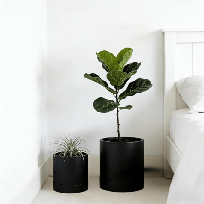 GreenShip Planter Set of 2 (9.8" & 7.8") – Dual-Use Self-Watering or Traditional Indoor Cylinder Flower Pots with Saucers & Side Drainage – Durable Lightweight Clay & Resin Blend