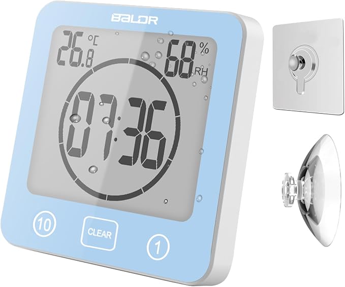 Rohome Digital Timer Waterproof Wall Clock, Kitchen Countdown Timer, Shower Clock with Temperature Humidity, Mirror Suction Cup Bathroom Timer, Wall Hanging for Bath Spa Basement Swimming Pool (Blue)