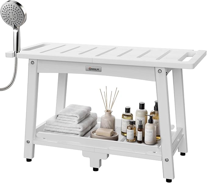 28" Extra Large Shower Bench, HDPE Waterproof Shower Chairs Seat, Adjustable and Non-Slip Feet, Shower Stool for Inside Shower to Sit On, Indoor/Outdoor Use, As Porch Bench, Garden Entryway, White
