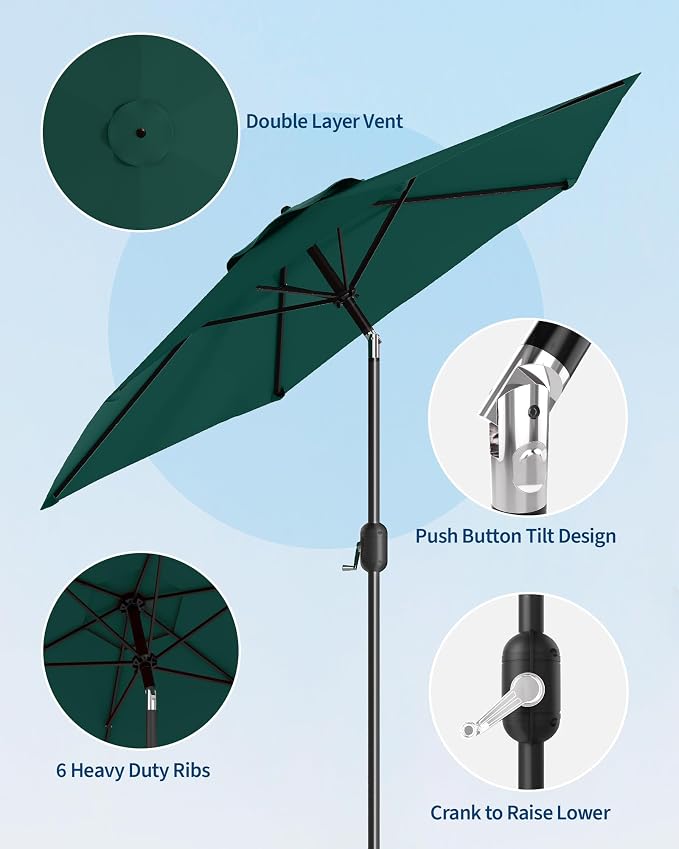 GarveeLife 7.5 ft Outdoor Patio Umbrella, Outdoor Table Umbrella, Market Umbrella with Push Button Tilt and Crank, 6 Sturdy Ribs UV Protection Waterproof for Garden, Deck, Backyard, Pool (Dark Green)