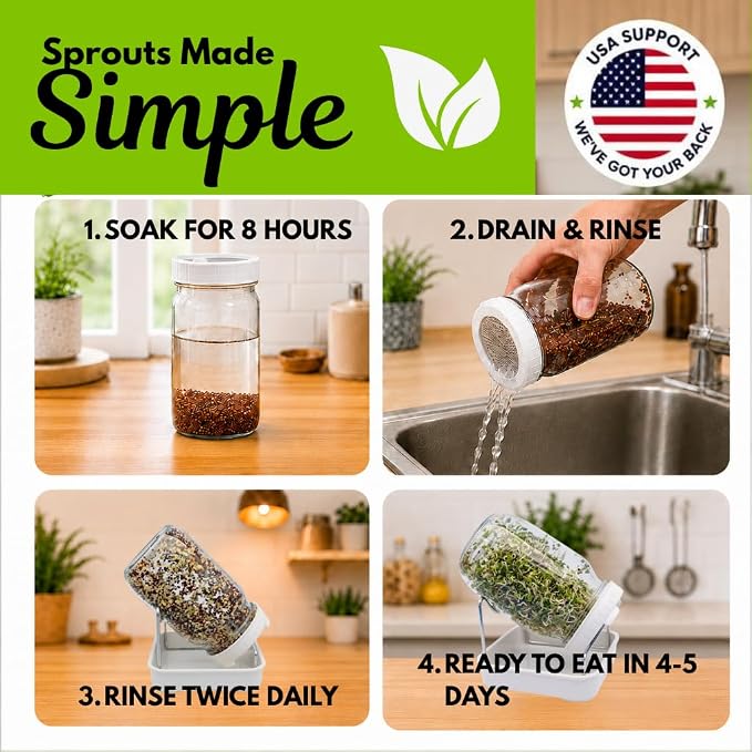 Sprouting Jar Kit - 2 Wide-Mouth Mason Jars with Stand and Sprout Lids | Green onion regrower, sprout lids and drain tray for growing broccoli, alfalfa and mung bean sprouts
