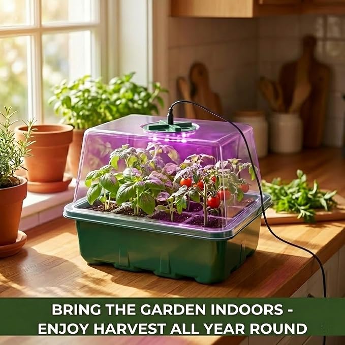 Seed Starter Tray with Grow Light, 4 Pack Seed Starter Kit with Adjustable Humidity Dome, 12-Cell Seedling Trays with Full Spectrum LED for Indoor Plant Germination, Green