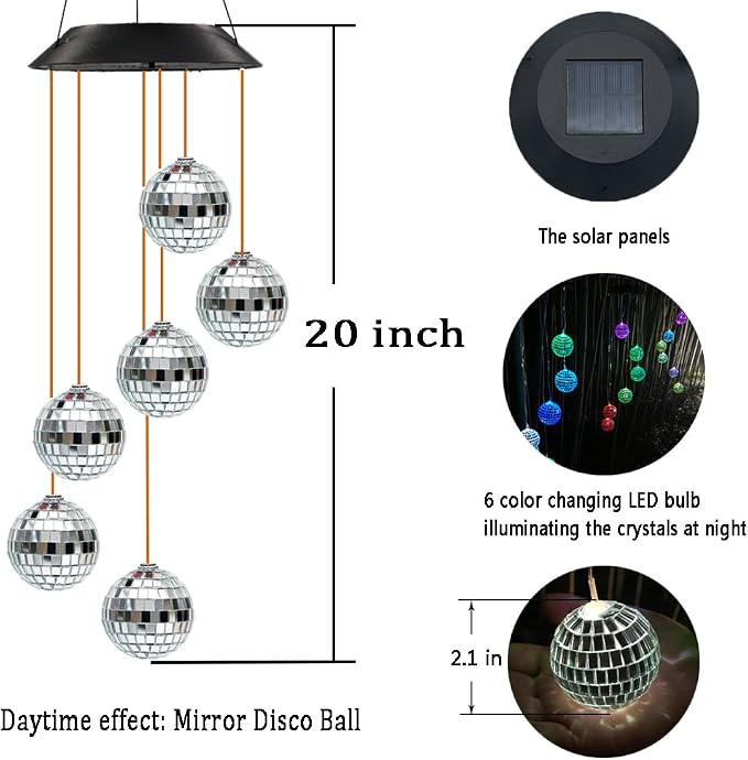 Solar Disco Ball Wind Chime | Hanging Solar Decorative Lights Outdoor for Garden Porch Balcony, Birthday Gifts for Women, Moms, and Grandmothers