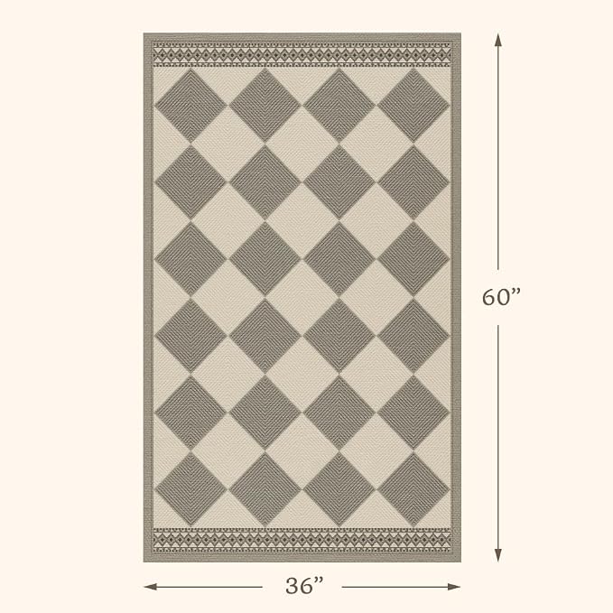 Gray and Cream Checkered Easy Jute 3x5 Outside Area Rug Outdoor Porch Decor, Entryway Rugs Indoor Diamond Geometric Pattern Mat, Patio, Backyard or Entry, Boho Farmhouse Style Washable Non Skid Mat