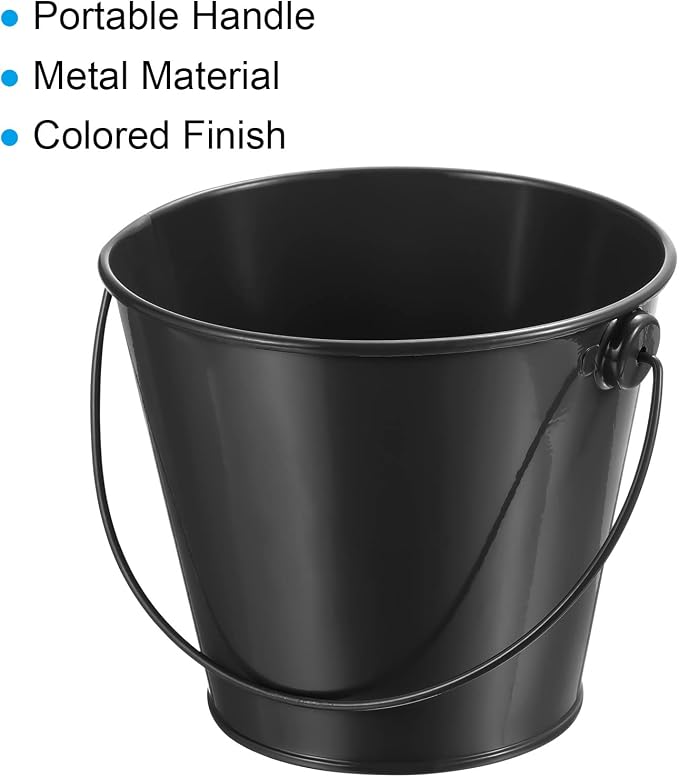 PATIKIL 4.7 Inch Colored Metal Buckets, 4 Pack Pencil Holder Buckets Round Metal Planter Pails Container with Handles for Classroom Crafts, Black