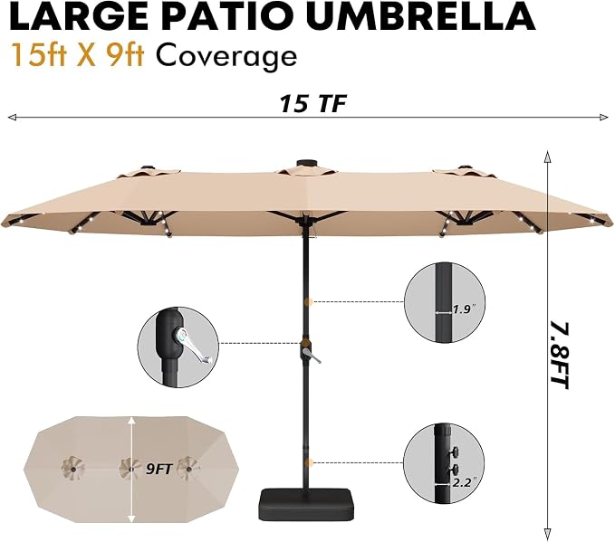 DomeShade 15ft Patio Umbrella with Base Included Solar Lights,Double Umbrella Outdoor Patio Table Umbrella Market Rectangle Umbrellas with 36 LED Lights for Outside Poolside Lawn Backyard,Beige