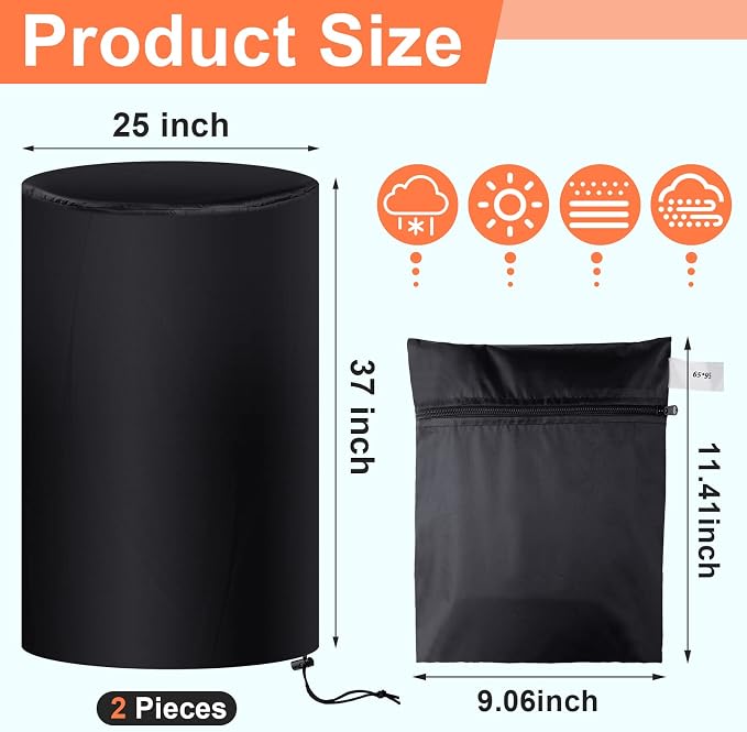Amylove 55 Gallon Drum Cover, 210D Oxford Cloth Water Storage Barrel Cover, 25 x 37 Inch Outdoor Waterproof Rain Snow Bucket lid with Drawstring, UV Protection, Anti Dust(Black,2 Pcs)