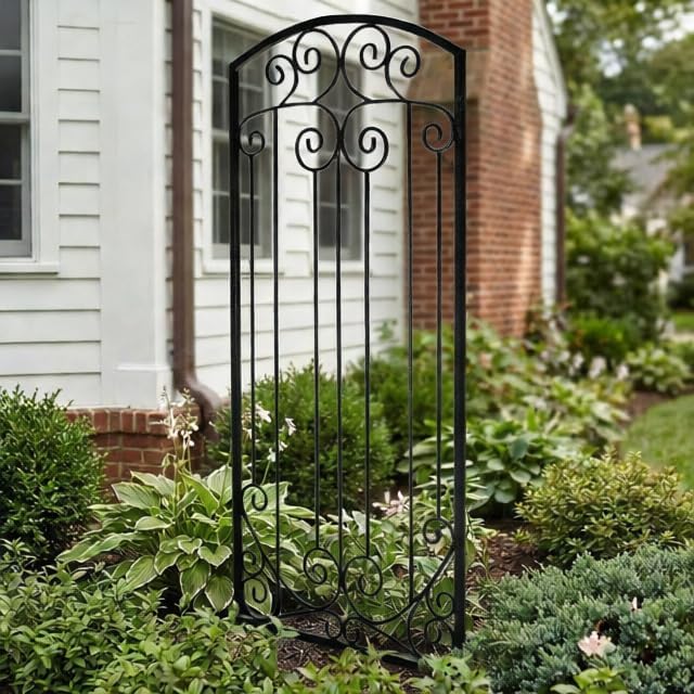 H Potter Scroll Garden Trellis 72" H, Freestanding Heavy Duty Iron, Black | Ground spikes included. Durable powder-coated finish. Supports climbing roses, clematis, ivy and vines.