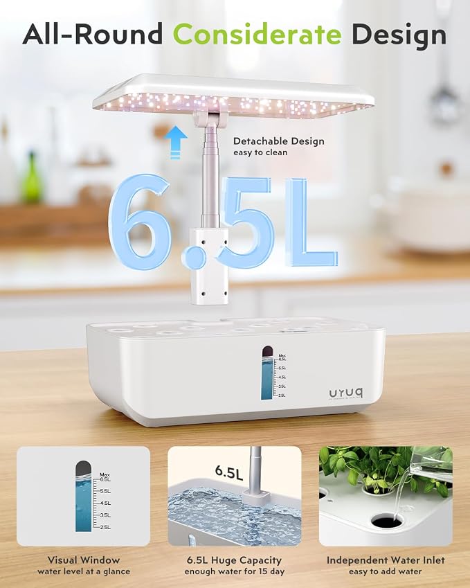 URUQ 12 Pods Hydroponic Growing System LED Grow Light Remote Control White | Quiet Water Pump, Automatic Timer, Height Adjustable for Fresh Herbs, Vegetables, Kitchen Gardening Gifts for Plant Lovers
