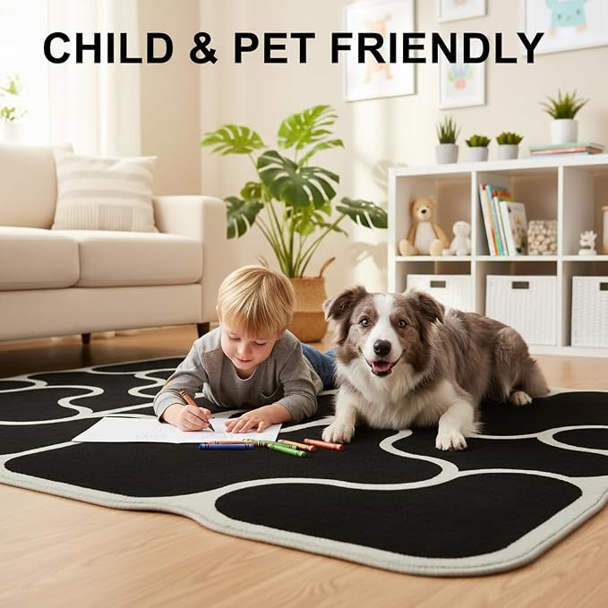 Minimalist Abstract Splicing Pattern Geometric Black Green Asymmetrical Rug 4x6 Faux Wool Thin Non Slip Durable Easy Care Home Deco Irregular Rugs for Living Room Bedroom Dining Room Nursery