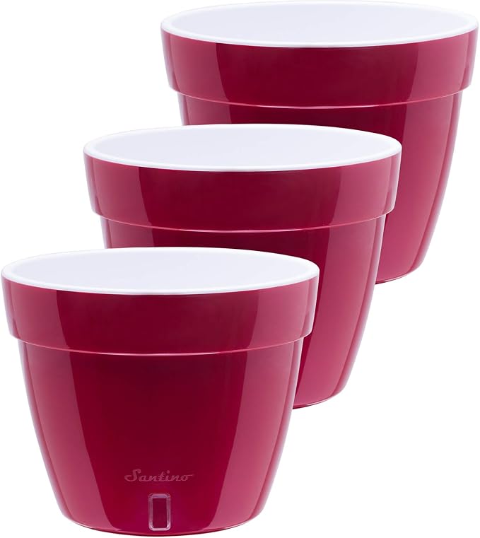 DECOPOTS - 3 Pack - Self Watering Planter - Modern Flower Pot with Water Level Indicator - 6.3" Tall - for All House Plants, Flowers, Herbs (Diameter 7.9", Red - Pearl/White)