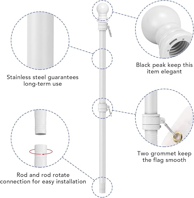 Yeesun 6 FT Wall Mount Flag Pole Kit with 3x5 American Flag, White, for Home Porch, Outdoor Deco. Residential or Commercial, Tangle Free