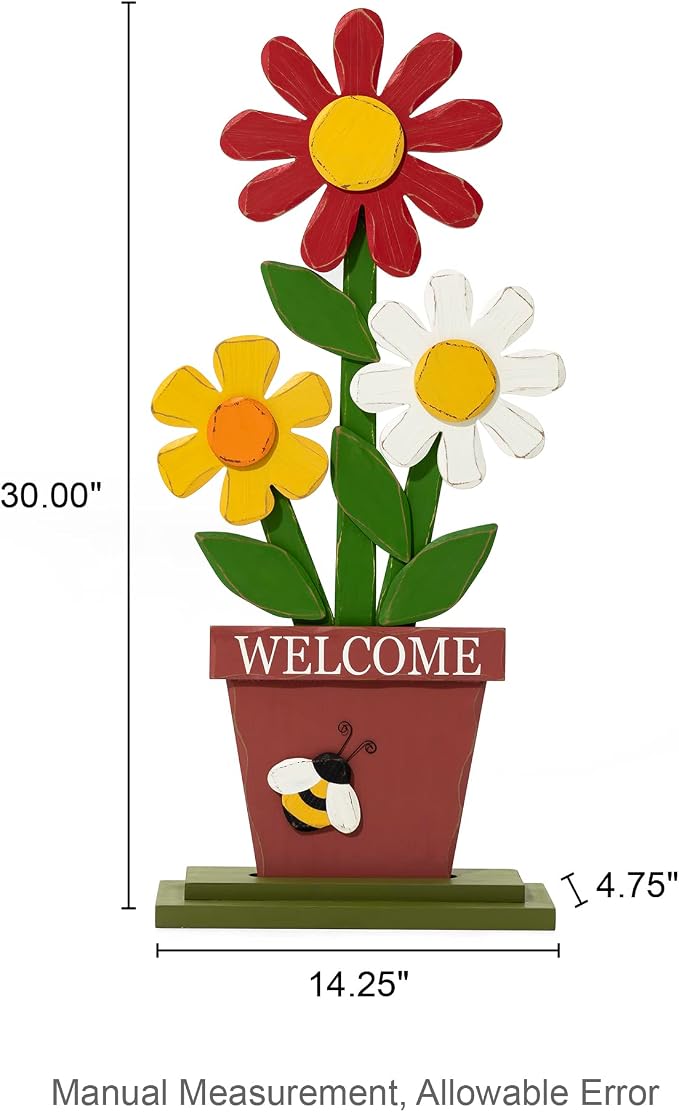 Glitzhome 30 Inch Welcome Sign for Front Door Porch Standing, Outdoor Decor with Wooden Trio Flowers, Yard Sign for Patio Front Door Outside