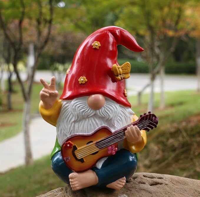 Hippie Garden Gnome Statue,Funny Gnome Figurine with Guitar -9.3‘’ Outdoor Resin Lawn Ornament,Unique Gift for House,Lawn,Patio and Porch, Gifts for Garden Lovers