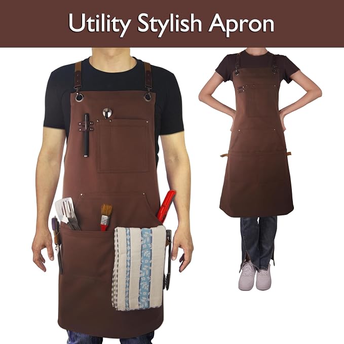 Kitchen Apron, Work Apron, Canvas Apron, Brown | Multiple Pockets, Gardening, Painting, BBQ, Carpenter, Sizes M to XXL