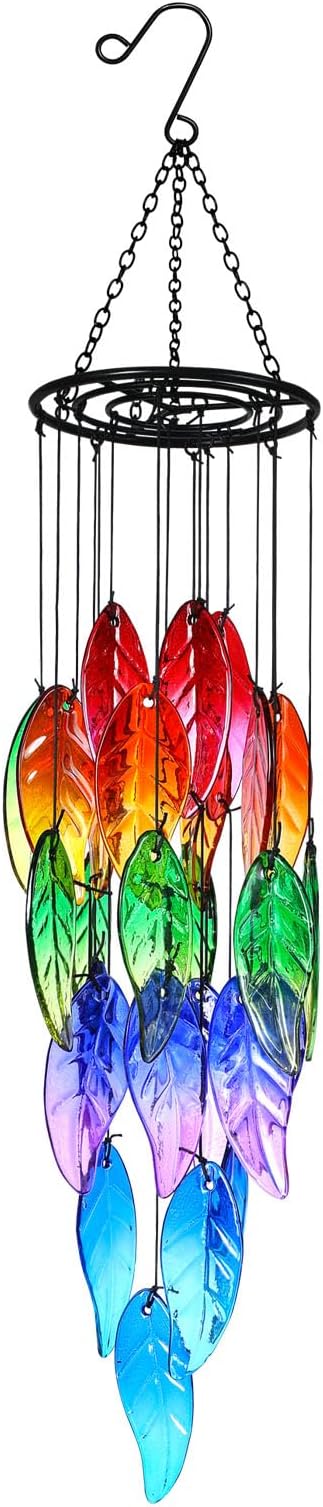 Stained Glass Leaf Wind Chimes - Hand-Painted Glass Leaves Suncatcher for Window, Outdoor Garden Decor, Colorful Leaf Ornaments Hanging Wall Art for Patio, Unique Memorial Gifts for Women & Mom
