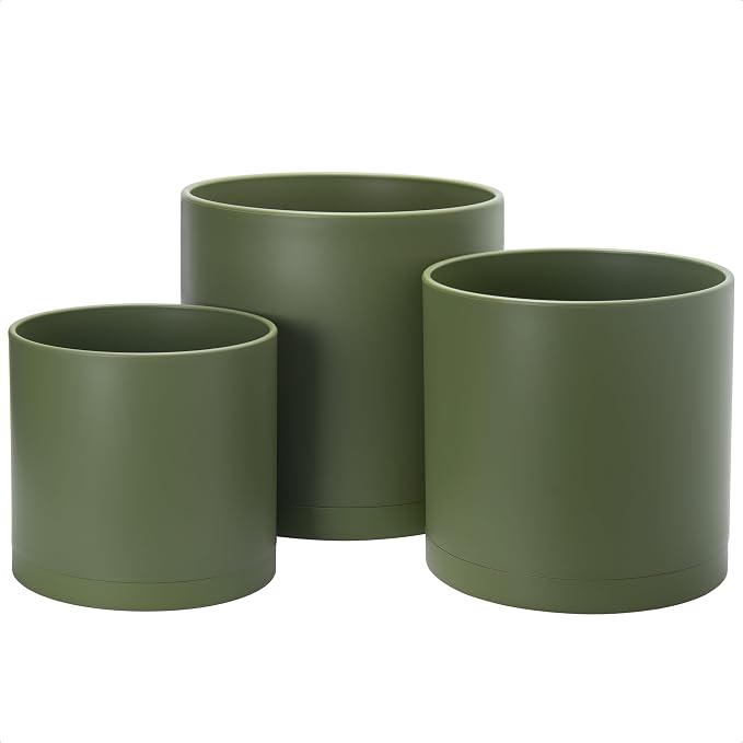 D'vine Dev 10 Inch 12 Inch 14 Inch, Set of 3 Plastic Planter Pots for Plants with Drainage Hole and Seamless Saucers, Olive, XX-Large, 74-V-I-6