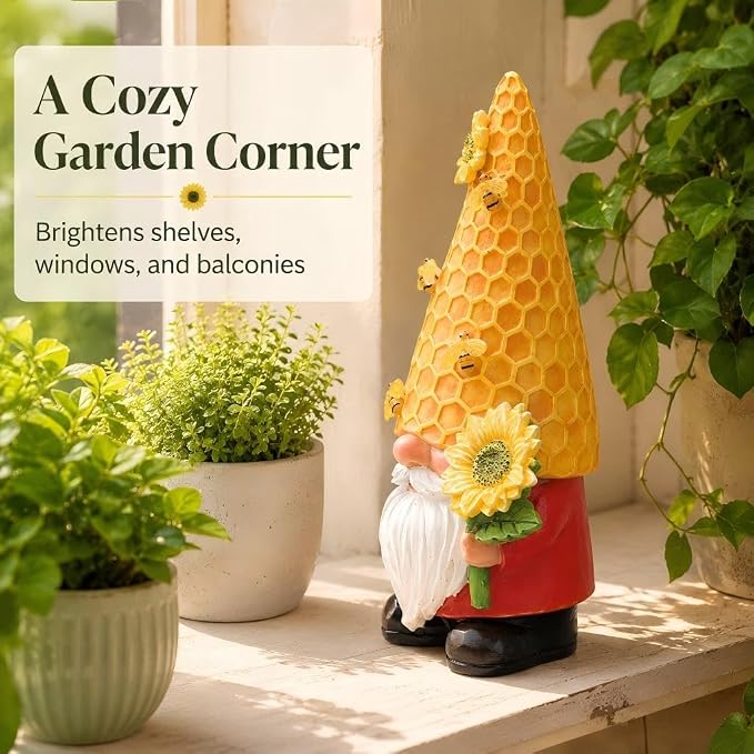 12.3'' Sunflower Garden Gnomes Statue with Solar Bee Lights | Fall Decorations ,Outside Decor, Yard Art Lawn Ornaments, Porch Patio Balcony Home House, Gifts for Mom Grandma Women