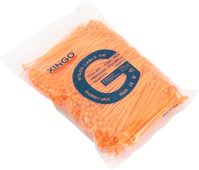 XINGO 1000 PCS 4 inch Orange Zip Ties, 18lb Strength, Small Tie Wraps Self-Locking Nylon Zip Ties for Indoor and Outdoor Use