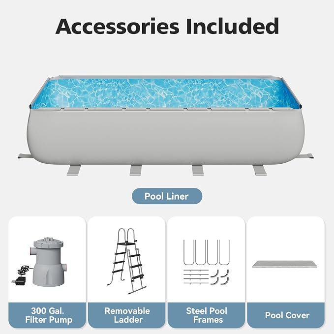 18ft X 9ft Above Ground Pool Set with Removable Ladder and Filter Pump, Rectangular Swimming Pool with Steel Frame for Backyard, Gray