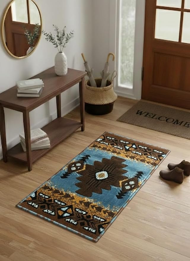 YHSF South West Native American Area Rug C318 - Easy Clean, Thick, Soft, Durable Native Tribal American Indian Inspired Rug for Bedroom/Living Room and More - Blue-Brown, 16 Inches x 28 Inches