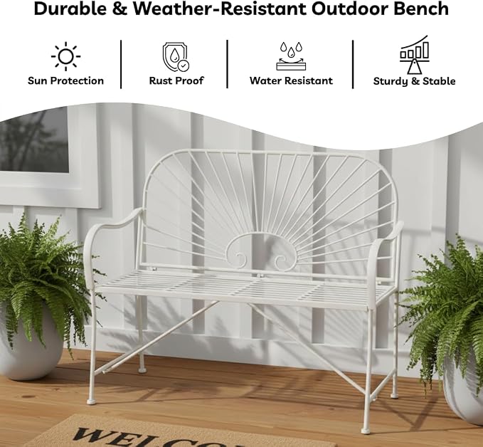 XBrand 44" L Iron Sun-Patterned Seat for Two, Patio & Porch Furniture for Park, Yard, Lawn, Balcony, Backyard – White