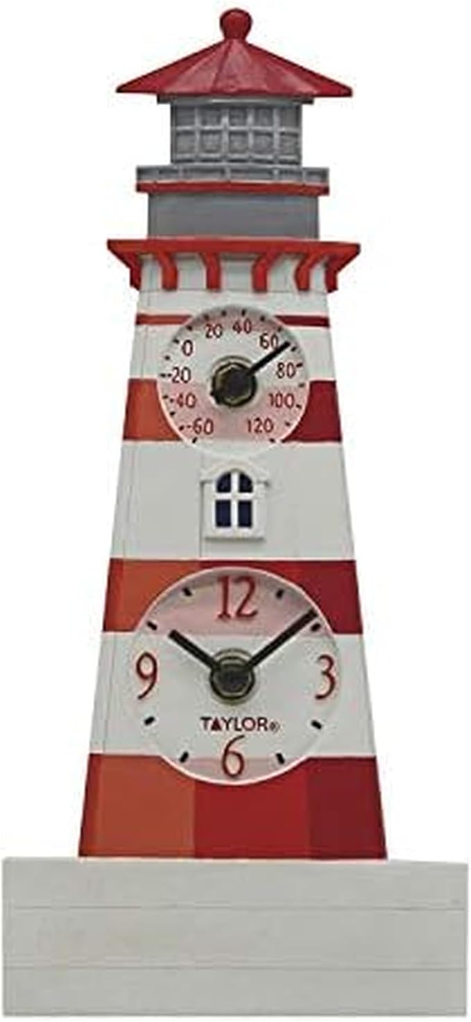 Taylor Lighthouse Poly Resin Indoor and Outdoor Clock and Thermometer, Home Decor for Garden, Patio, Pool, and Indoor Areas, 12-inch, Multi-Color