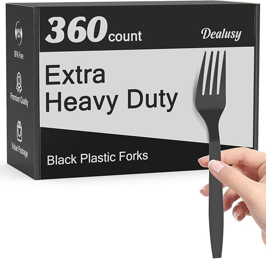 Dealusy 360 Count Extra Heavy Duty Black Plastic Forks Disposable, BPA-Free, Heat Resistant, Solid and Durable Disposable Forks Bulk, Premium Plastic Forks heavy duty for Party Supply