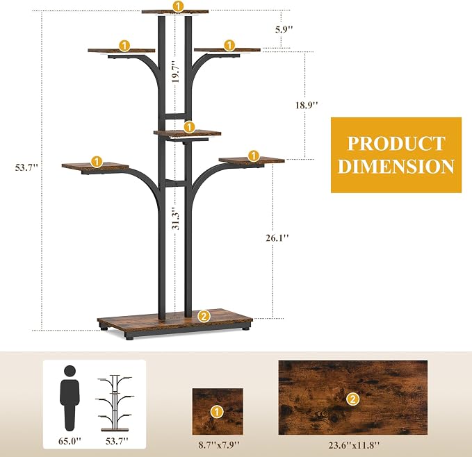 ikkle Plant Stand Indoor with 4 Grow Lights & 3 Colors, 54" Tall 7-Tier Corner Plant Shelf for Indoor Plants Multiple, Tree-Shaped Flower Display Holder with Large Bottom Shelf for Tall Plants, Home Decor