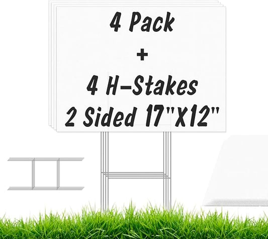 4Pcs Blank Yard Signs with Stakes, IKAYAS 17X12inch White Garden Yard Signs Yard Sale Signs Corrugated Plastic Signs for Party Decorations,Garage Sale, Guidepost, Open House