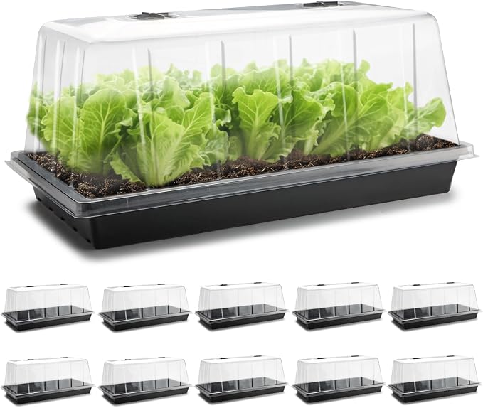 1020 Trays with Tall 7.3" Dome, 10-Pack Extra Large Seed Starter Tray with Humidity Domes, Heavy Duty 1020 Seed Trays and Flats with Lid, Seed Germination Mini Greenhouse No Hole for Balcony Garden