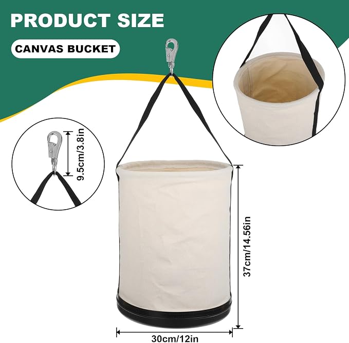 Lemecima Utility Canvas Bucket 15" x 12" All Purpose Truck Tool Bucket Bag Organizer with Plastic Bottom Metal Hook for Store Work Tool Accessory, Load Capacity up to 150 Lbs