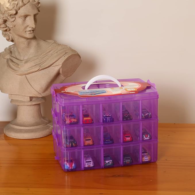 Sooyee 3-Tier Bead Organizer, Stackable Craft Storage Containers with 30 Adjustable Compartments for Washi Tape, Toy, Hair Accessories, Art Supplies, Fishing Tackle, Purple, 10"L x 6.7"W x 7"H