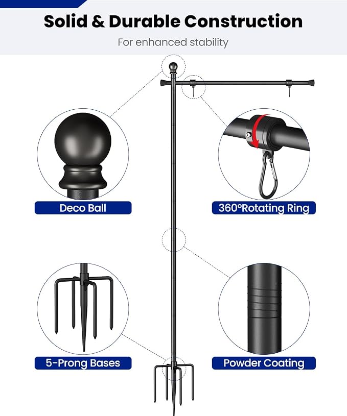 Koutemie 10 FT In Ground Flag Pole Holder for Outside House, Adjustable Flag Poles for 3x5 American Banner Outdoor with 5 Prongs Base, Heavy Duty Garden Flagpole Stand Kit for Yard Decor, 1 Pack