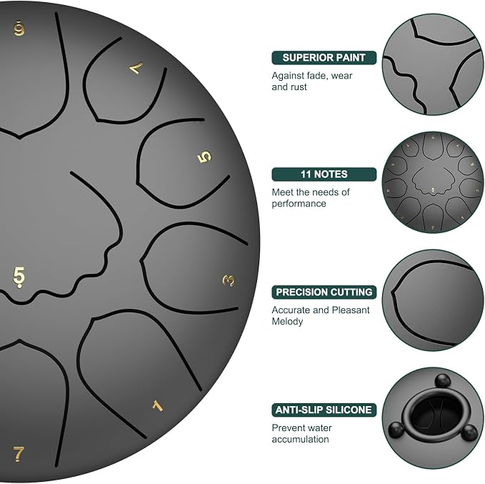 Rain Drum for Outside Garden, 8 Inches 11 Notes Steel Tongue Chakra Drum, Waterproof Meditation Rain Chime, Musical Instruments for Adult Gift with Bag, Music Book, Mallets (Black)