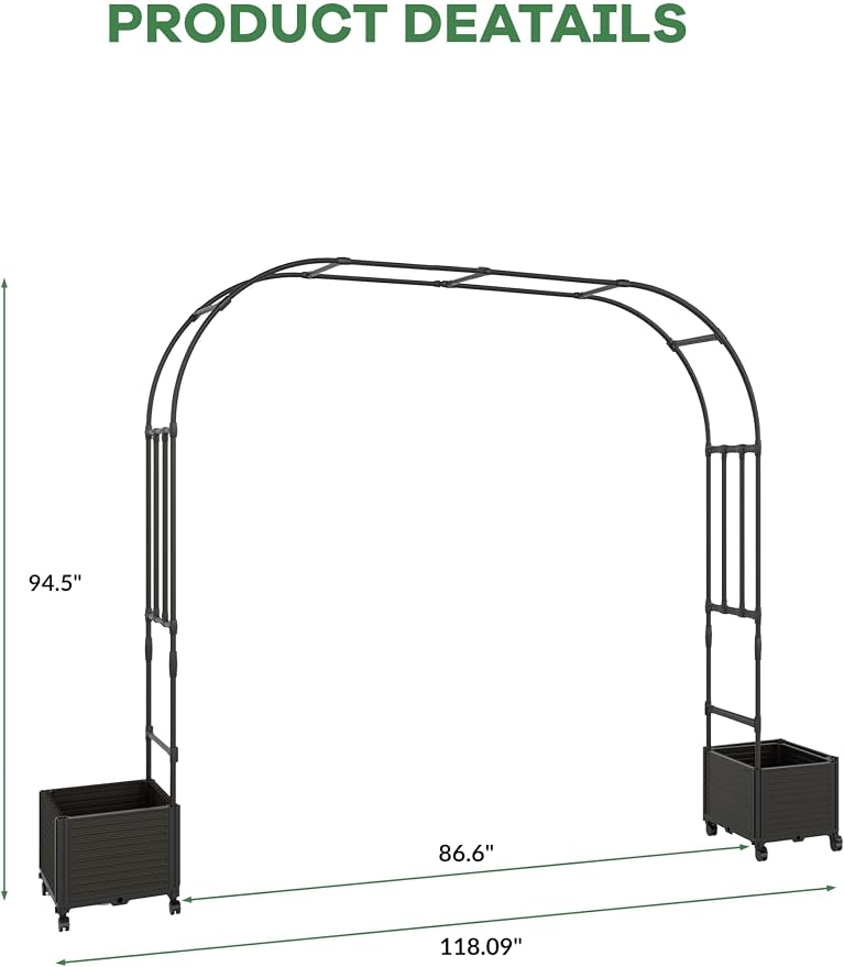 87" Tall Garden Arch Trellis for Climbing Plants – Metal Wedding Arch with Planter Box, Flower Frame Backdrop Stand – Rustproof Arbor for Wedding, Party, Balloon Decor & Outdoor Plant Support