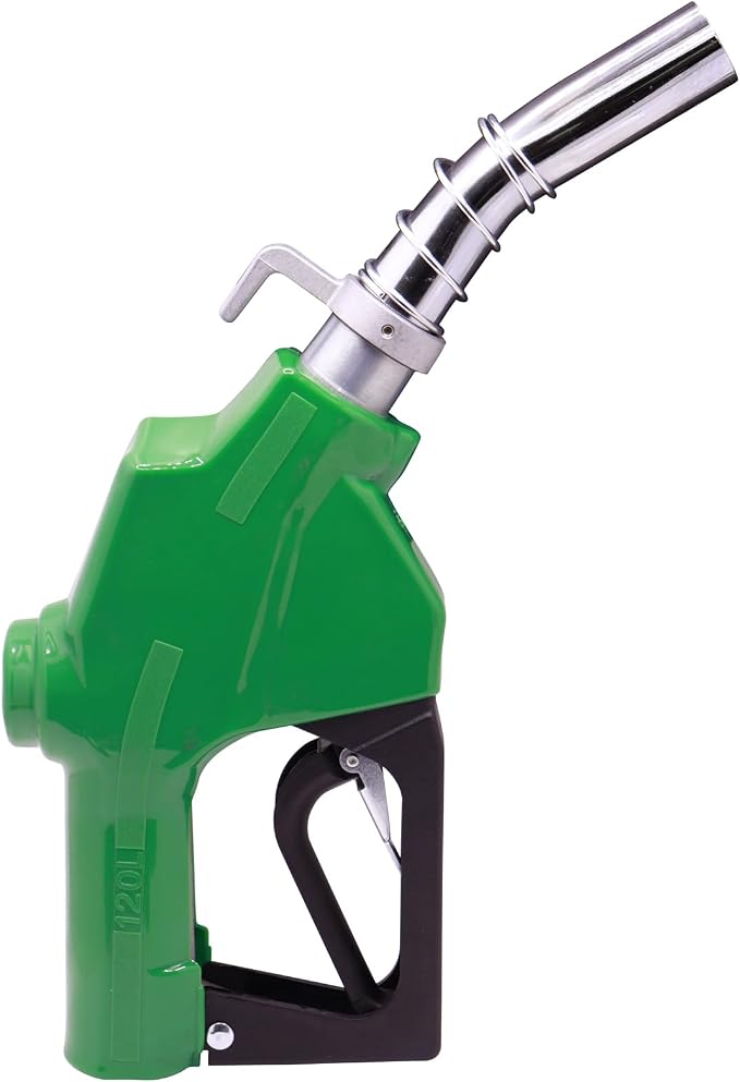 1" Inch NPT Fuel Nozzle Automatic Shut-Off Green Gas Pump Heavy Duty Nozzle with Fuel Hose Swivel & Hook 19/16 Inches Spout (OD=30mm) Three Notch Hold Open Clip Used For Diesel Petrol