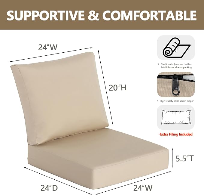 Goodgoods 24 x 24 Sunbrella Outdoor Patio Deep Seat Cushions 2-Pack, Fade-Resistant & Water-Resistant Furniture Chair Cushions with 35D High-Resilience Foam for Sofa, Antique Canvas Beige
