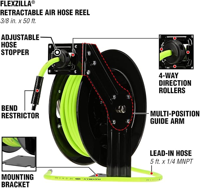 Flexzilla Open Face Retractable Air Hose Reel, 3/8 in. x 50 ft., Heavy Duty, ZillaGreen - L8611FZ & Air Hose, 3/8 in. x 50 ft., 1/4 in. MNPT Fittings, Heavy Duty, Lightweight, Hybrid, ZillaGreen