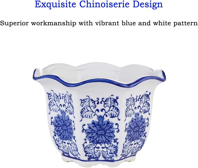 HakkaGirl Ceramic Pots for Plants, Chinoiserie Décor Ceramic Flower Pots Planters for Indoor Plants with Drainage, Blue and White, Set of 3