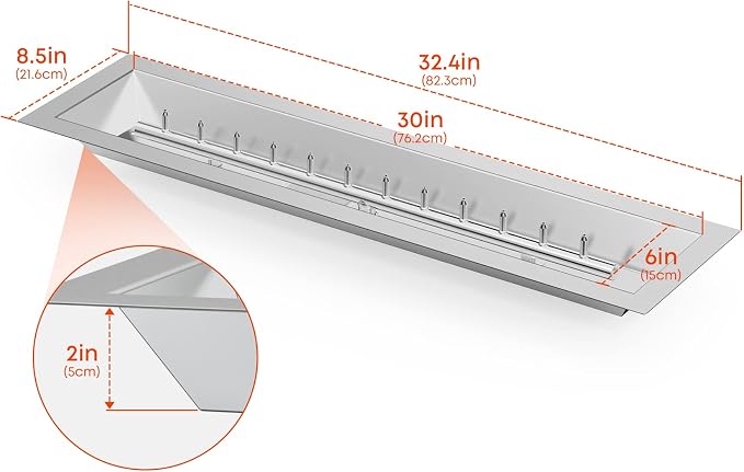 Stanbroil 30" x 6" Linear Drop-in Fire Pit Pan with Upgrade Jet Burner, Natural Gas or Propane Fire Pit for Outside, 54K BTU Max, Higher Flame