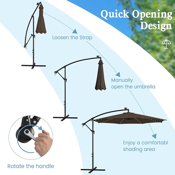 HAPPYGRILL 10FT Cantilever Patio Umbrella with Solar Lights, Outdoor Hanging Offset Umbrella with 112 LED Lights, Tilt Design, Crank Handle, Cross Base Stand for Garden Yard Deck