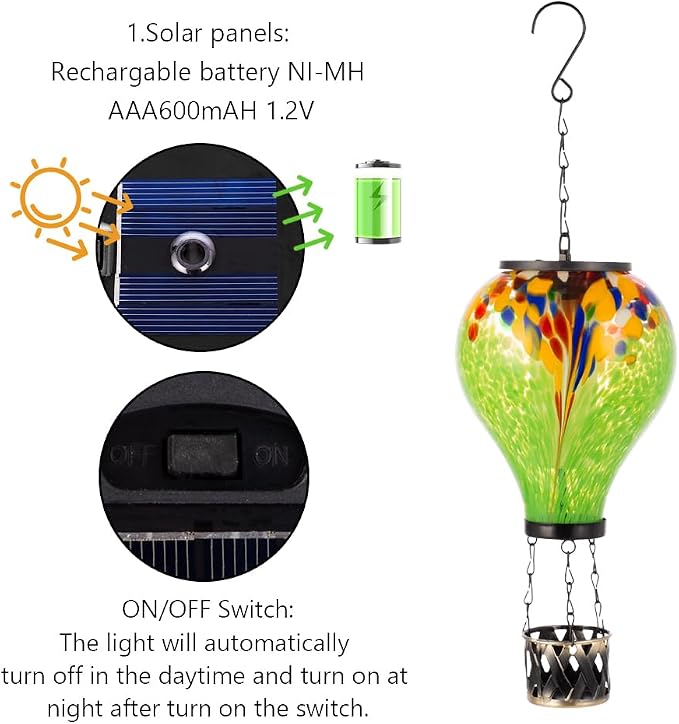 Starsoul Hot Air Balloon Solar Lantern Tie-Dye Style Glass Outdoor Solar Hot Air Balloon Lantern with Flame Light Waterproof Hanging for Garden Yard Patio Decor