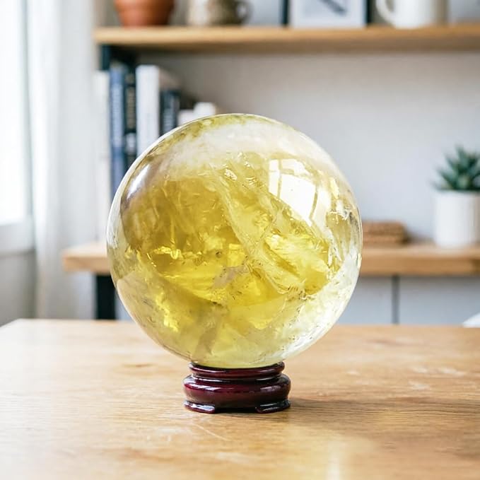 2.4-2.8 inch Natural Citrine Crystal Ball with Stand, Hand Polished Yellow Quartz Sphere, Reiki Healing Crystal Sphere, Energy Balancing Stone Crafts, Feng Shui Home Desktop Ornament