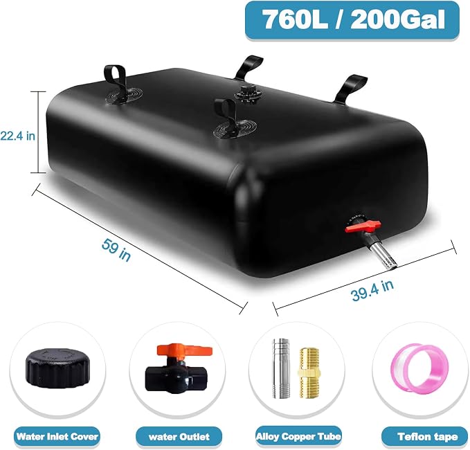 GHOSOONE 760 L/200 Gal Water Bladder Tank, Foldable Portable Water Storage Container, Emergency Water Bag for RV, Truck Bed, Fire Prevention, Drought Resistance, Black