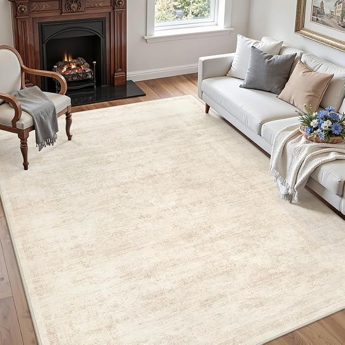 3x5 Area Rugs Living Room: Bedroom Washable Carpet Retro Beige | Large Vintage Boho Indoor Decor Neutral Soft Nursery Farmhouse Dining Room Office Floor Non-Slip Low Pile Under Table Rug