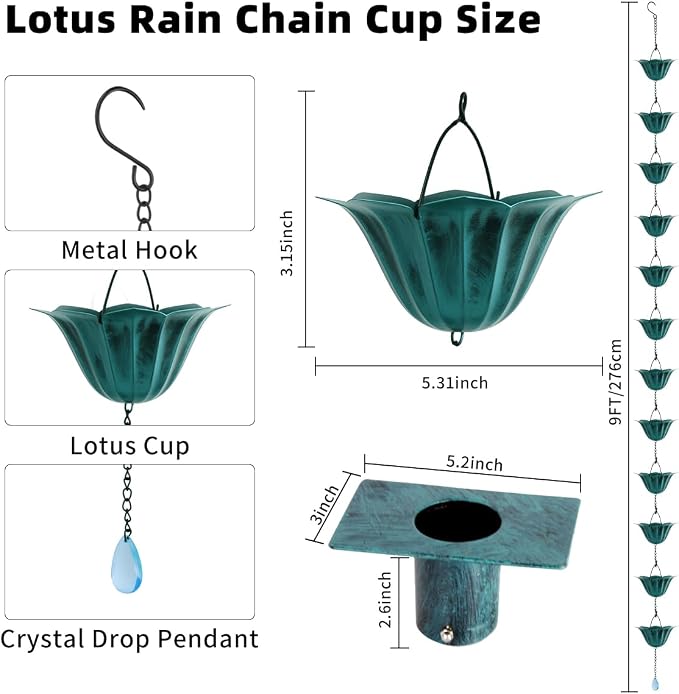 9FT Lotus Rain Chain in Antique Blue – Rain Chains for Gutters with 12 Cups, Adjustable Rain Catcher Chain with Bell for Eaves Drainage, Replacement for Downspout (Lotus Antique Blue)