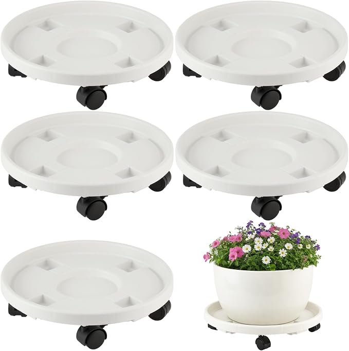 5-pack 13" Large Plant Caddy with Wheels Plastic Plant Dolly with Locking Caster Flower Pot Mover Rollers Wheeled Rolling Plant Stands Round Plant Saucer on Wheels Indoor Outdoor Base Coasters White