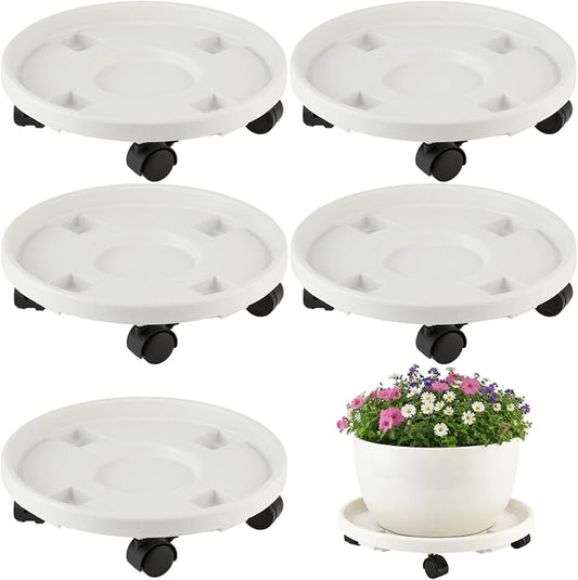 5-pack 14.2" Large Plant Caddy with Wheels Plastic Plant Dolly with Locking Caster Flower Pot Mover Rollers Wheeled Rolling Plant Stands Round Plant Saucer on Wheels Indoor Outdoor Base Coasters White
